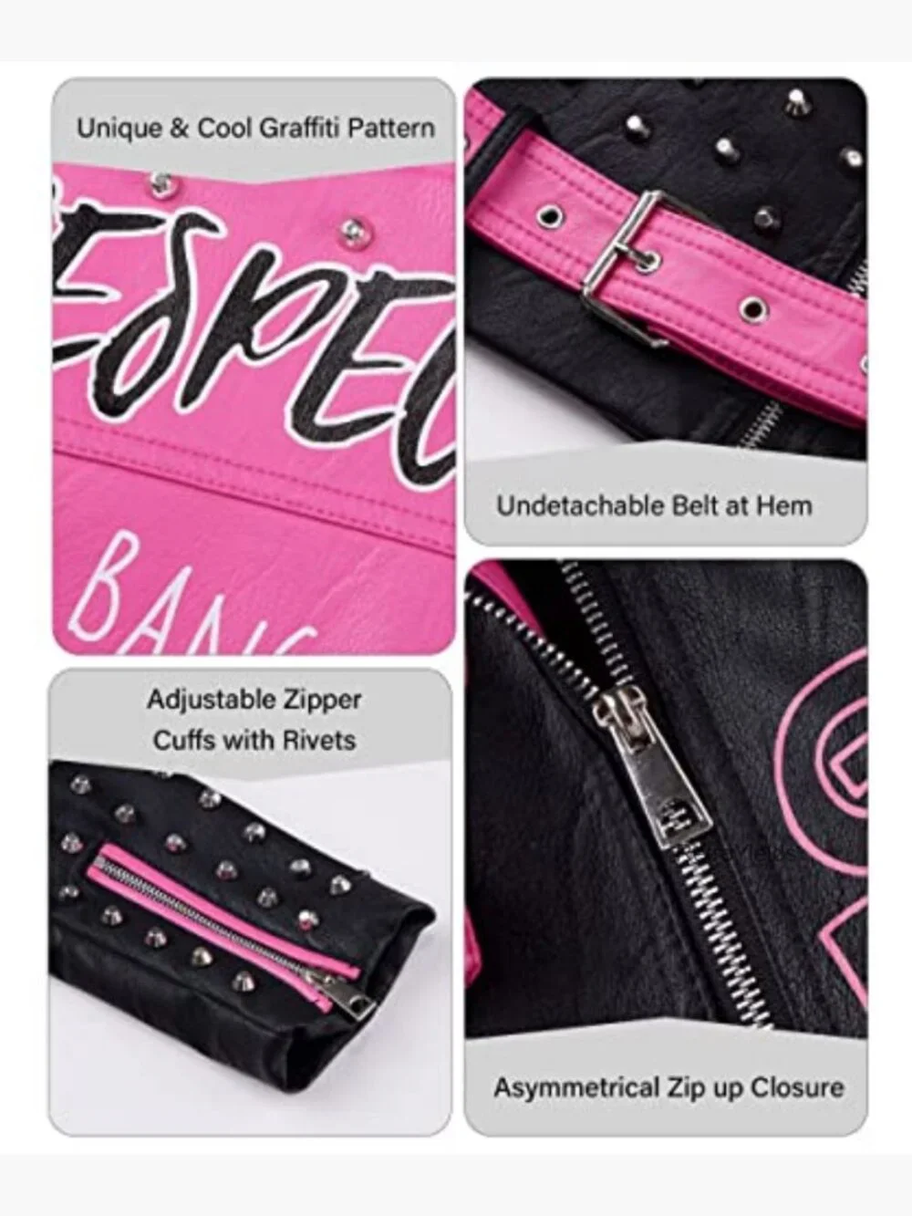 Studded Faux Leather Moto Jacket Belted Windbreaker Streetwear - Picture 4 of 7